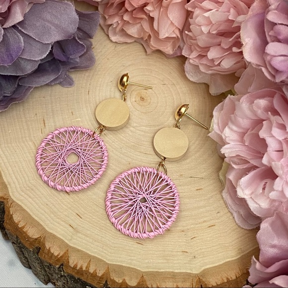Boho Wood Woven Pink Dream Catcher Earrings - Picture 4 of 14